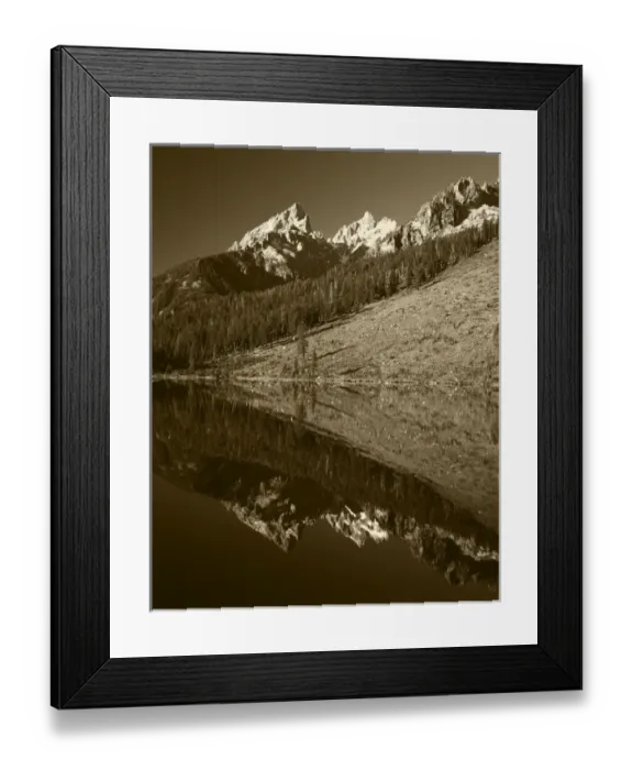 Framed Print : USA, Wyoming, Grande Teton National Park, Cathedral Group mountain reflecting in