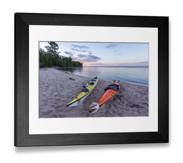 Framed Print : Kayaks on sand beach at York Island on the Apostle Islands National Lakeshore, Wisconsin Framed Print : Kayaks on sand beach at York Island on the Apostle Islands National Lakeshore, Wisconsin