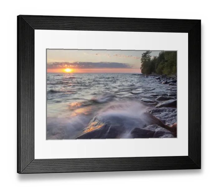 Framed Print : Waves crash at sunset on Devils Island in the Apostle Islands National Lakeshore