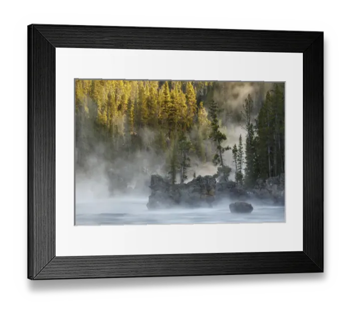 Framed Print : Boulders and trees in steaming Yellowstone River at sunrise, Yellowstone National Park