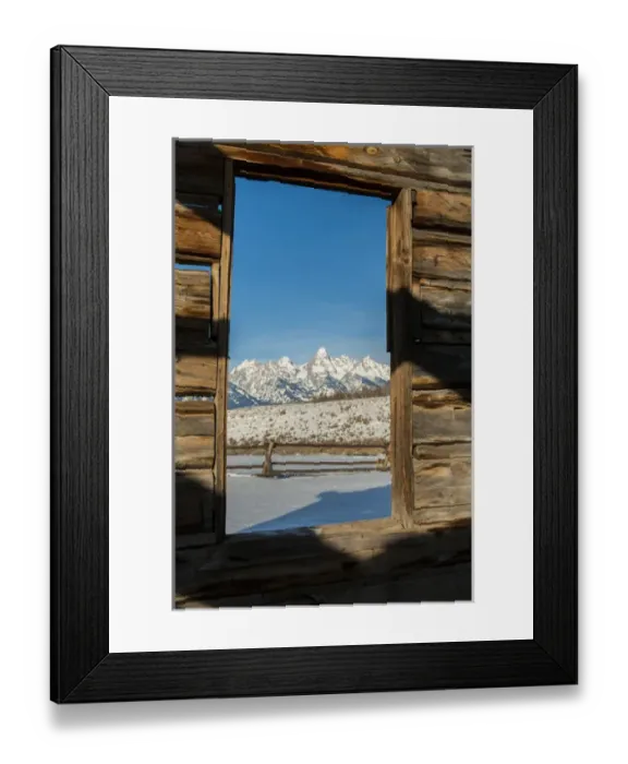 Framed Print : USA, Wyoming, Grand Teton National Park. View of mountains through cabin doorway