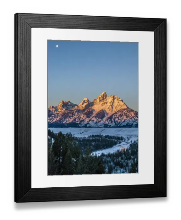 Framed Print : USA, Wyoming, Grand Teton National Park. Moon over landscape at sunrise. Credit as