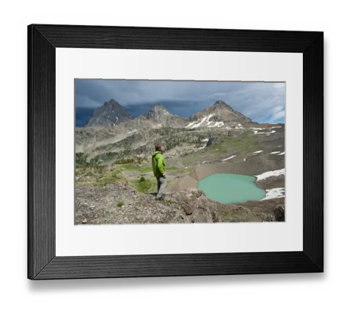 Framed Print : Man enjoys View of Lake, Teton Crest Trail, three Tetons, Schoolroom Glacier Framed Print : Man enjoys View of Lake, Teton Crest Trail, three Tetons, Schoolroom Glacier