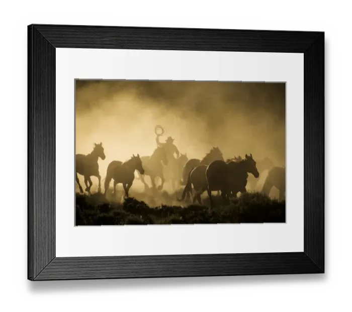 Framed Print : A wrangler herding horses through backlit dustcloud in golden light of sunrise Framed Print : A wrangler herding horses through backlit dustcloud in golden light of sunrise