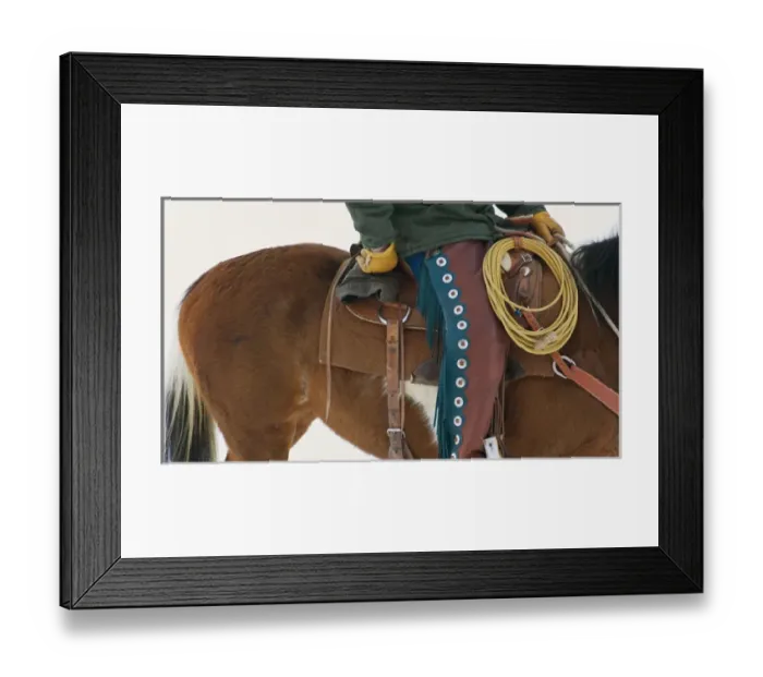 Framed Print : North America; USA; Wyoming; Shell; Cowboy on Horse wearing Leather Chaps; (MR)