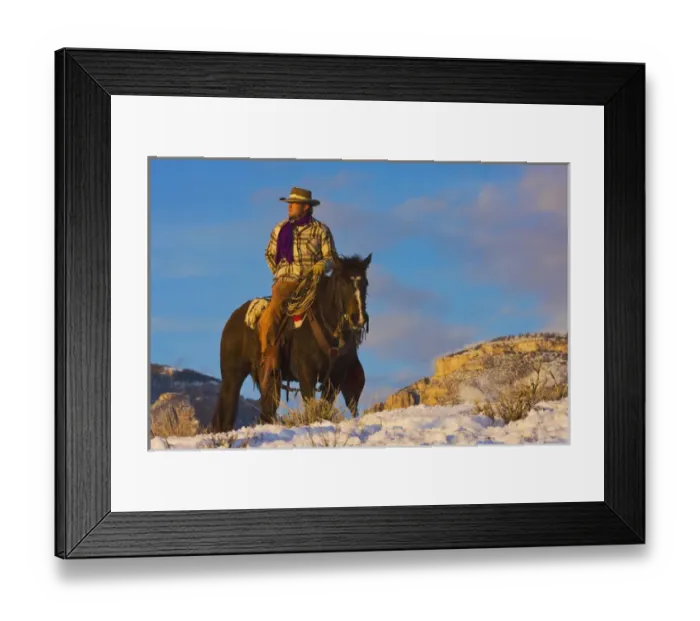 Framed Print : North America; USA; Wyoming; Shell; Cowboy on his Horse in the Snow; (MR) Framed Print : North America; USA; Wyoming; Shell; Cowboy on his Horse in the Snow; (MR)