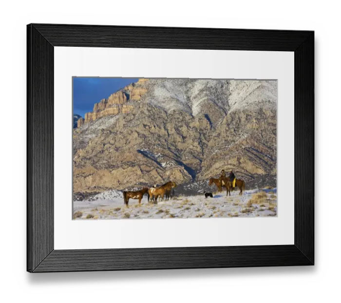 Framed Print : North America; USA; Wyoming; Shell; Cowboy and Cowgirl on Horses watching Heard in the Snow Framed Print : North America; USA; Wyoming; Shell; Cowboy and Cowgirl on Horses watching Heard in the Snow