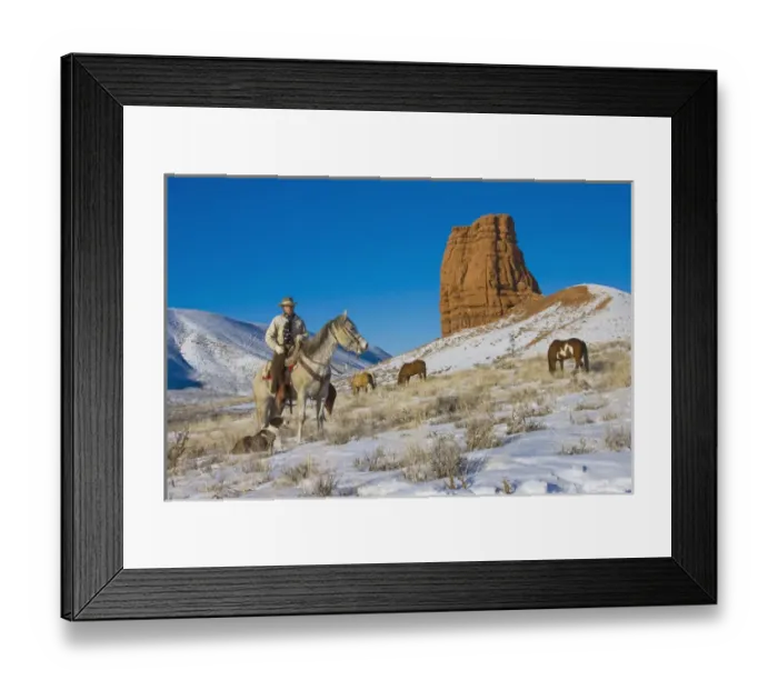 Framed Print : North America; USA; Wyoming; Shell; Cowboy riding Heard over his Horses in the Snow Framed Print : North America; USA; Wyoming; Shell; Cowboy riding Heard over his Horses in the Snow