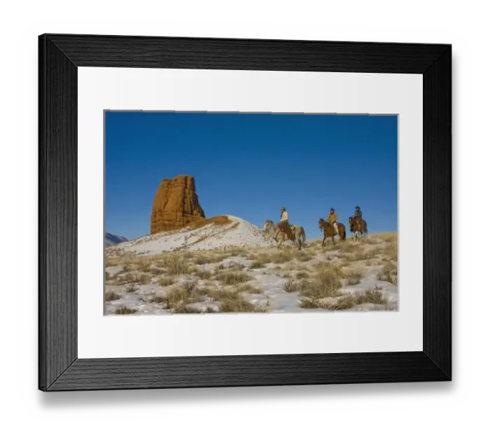 Framed Print : North America; USA; Wyoming; Shell; Cowboys on Ridge riding Horse through the Snow Framed Print : North America; USA; Wyoming; Shell; Cowboys on Ridge riding Horse through the Snow