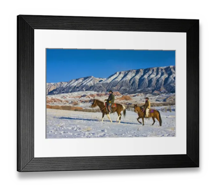 Framed Print : North America; USA; Wyoming; Shell; Cowboy and Cowgirl riding Horse through the Snow Framed Print : North America; USA; Wyoming; Shell; Cowboy and Cowgirl riding Horse through the Snow
