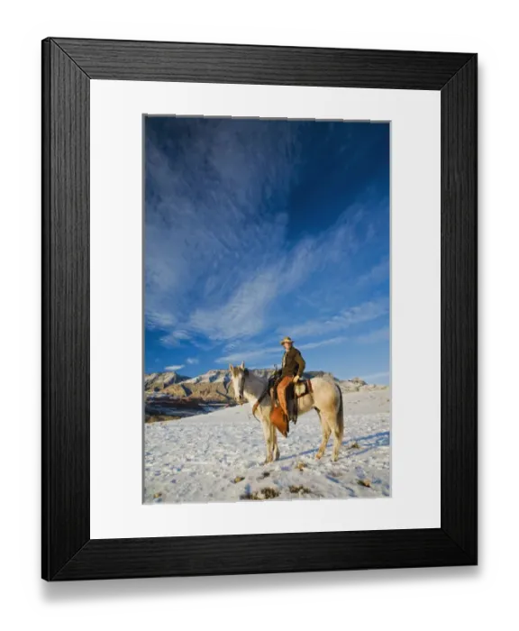Framed Print : North America; USA; Wyoming; Shell; Cowboy on his Horse in the Snow; (MR) Framed Print : North America; USA; Wyoming; Shell; Cowboy on his Horse in the Snow; (MR)