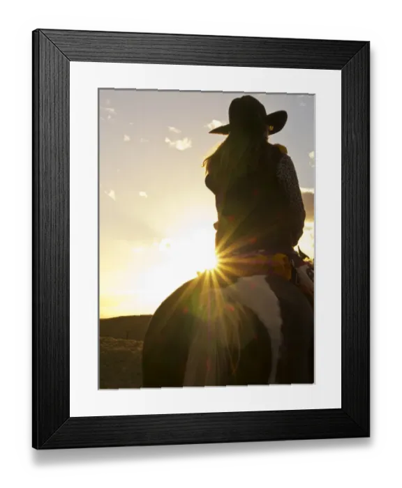 Framed Print : North America; USA; Wyoming; Shell; Big Horn Mountains; Cowgirl in silouette with sunset
