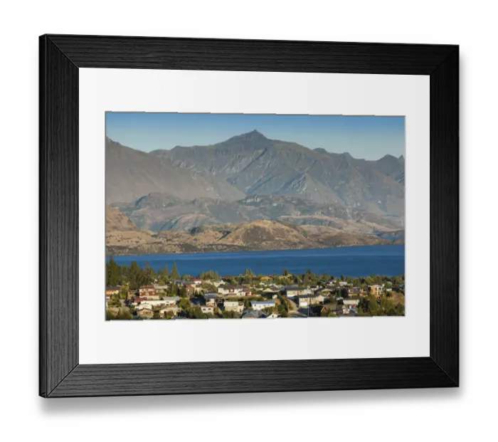 Framed Print : New Zealand, South Island, Otago, Wanaka, elevated town view from Mt. Iron, morning