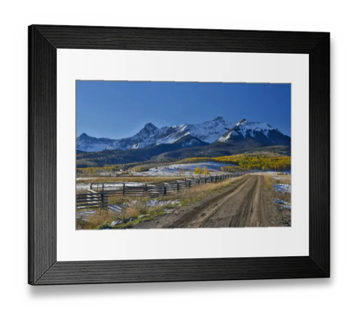 Framed Print : Fence Line and dirt road Dallas Mountain road and San Juan Mountain Range, Colorado Framed Print : Fence Line and dirt road Dallas Mountain road and San Juan Mountain Range, Colorado