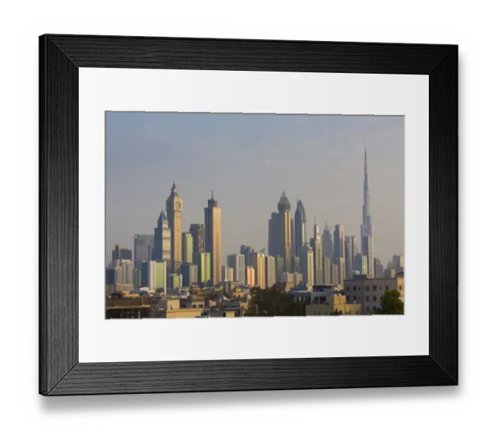 Framed Print : UAE, Dubai, Jumeira, skyscrapers along Sheikh Zayed Road, skyline from Jumeira, dusk