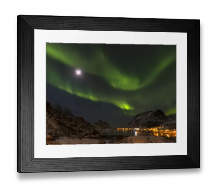 Framed Print : Northern Lights over fjord Maervollspollen and village Maervoll, island Vestvagoy