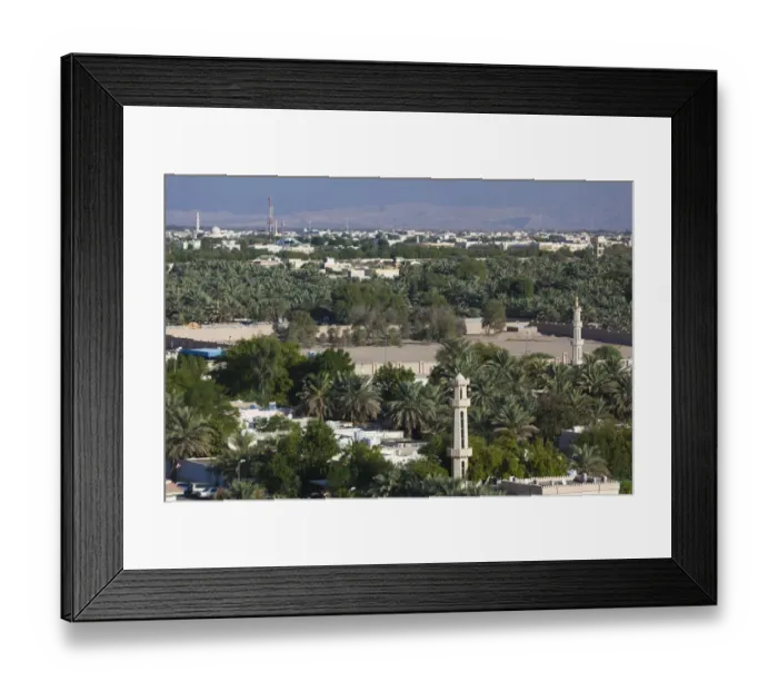 Framed Print : UAE, Al Ain, elevated view of town and the Al Ain Oasis Framed Print : UAE, Al Ain, elevated view of town and the Al Ain Oasis