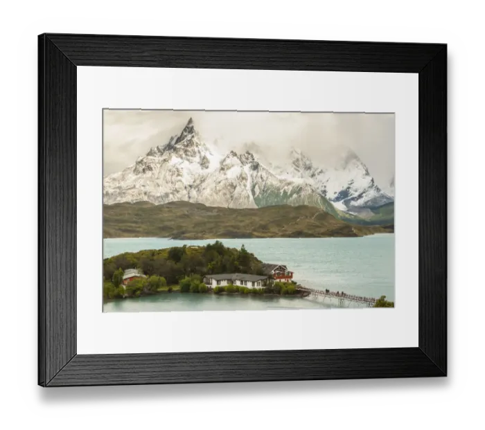 Framed Print : South America, Chile, Patagonia. Lake Pehoe Lodge and The Horns mountains. Credit as Framed Print : South America, Chile, Patagonia. Lake Pehoe Lodge and The Horns mountains. Credit as