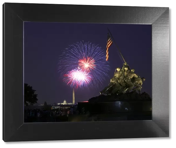 USA, District of Columbia, Washingon, July 4 Fireworks Behind the Iwo Jima Memorial