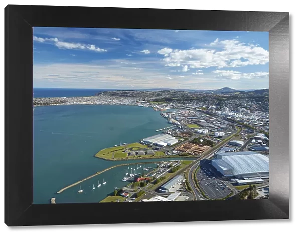 Logan Park, Forsyth Barr Stadium, and Otago Harbour, Dunedin, South Island, New Zealand