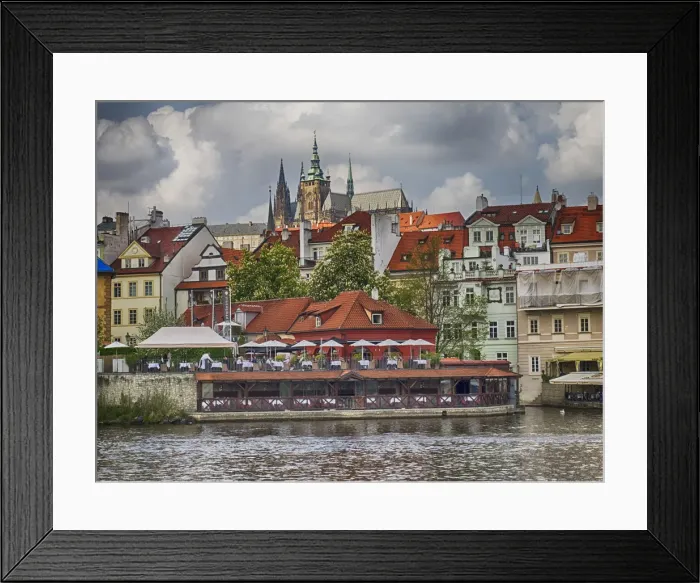 Framed Print : Europe, Czech Republic, Prague. Restaurant along the Vltava River from a riverboat