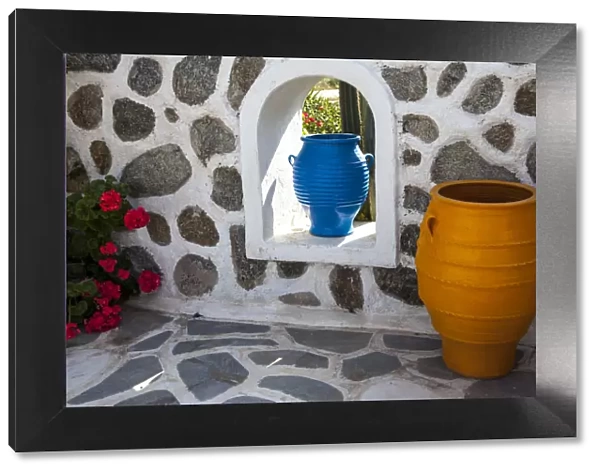 Greece, Santorini, Flower Pots Decorating a Courtyard