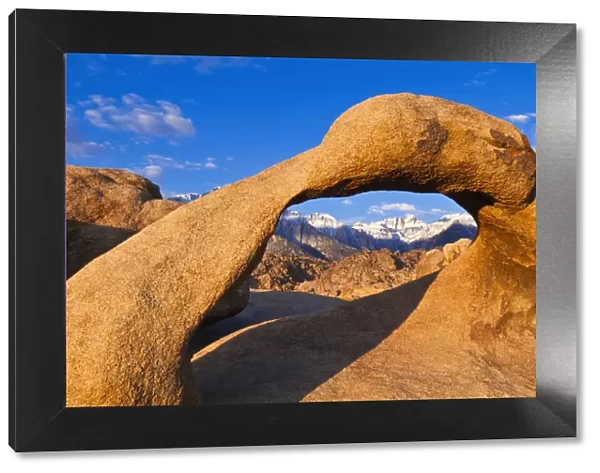 Dawn light on Mount Whitney through Mobius Arch, Alabama Hills, Inyo National Forest