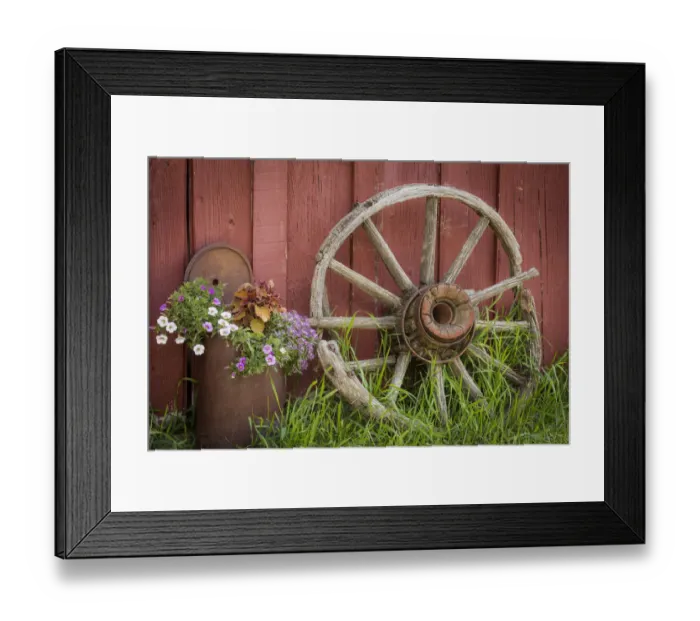 Framed Print : Canada, British Columbia, Cache Creek, Hat Creek Ranch. Vintage wagon wheel and flowers