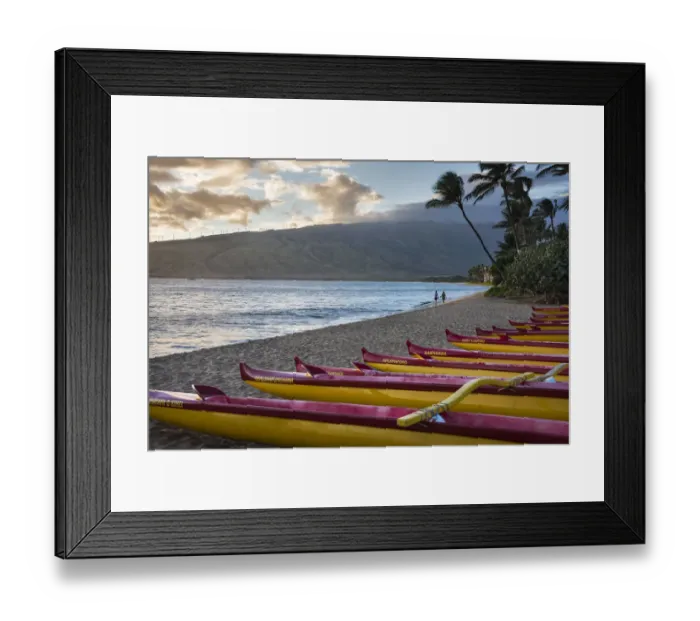 Framed Print : Hawaii, Maui, Kihei. Traditional Hawaiian outrigger canoes in the foreground with