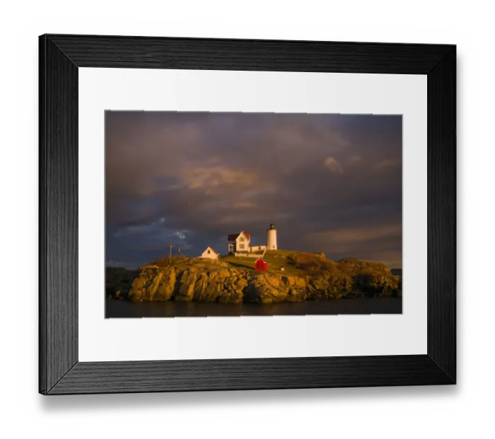 Framed Print : USA, Maine, York Beach, Nubble Light Lighthouse with Christmas decorations, sunset Framed Print : USA, Maine, York Beach, Nubble Light Lighthouse with Christmas decorations, sunset
