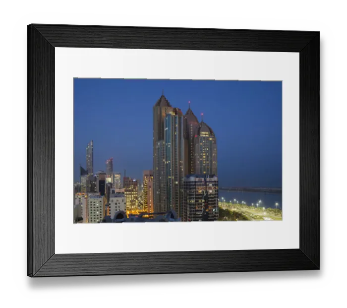 Framed Print : UAE, Abu Dhabi, elevated skyline from Corniche Road East, dawn Framed Print : UAE, Abu Dhabi, elevated skyline from Corniche Road East, dawn
