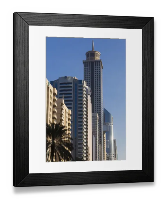 Framed Print : UAE, Dubai, Downtown Dubai, high rise buildings along Sheikh Zayed Road