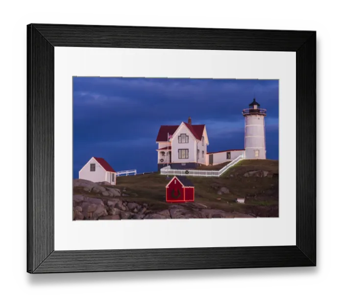 Framed Print : USA, Maine, York Beach, Nubble Light Lighthouse with Christmas decorations at dusk Framed Print : USA, Maine, York Beach, Nubble Light Lighthouse with Christmas decorations at dusk