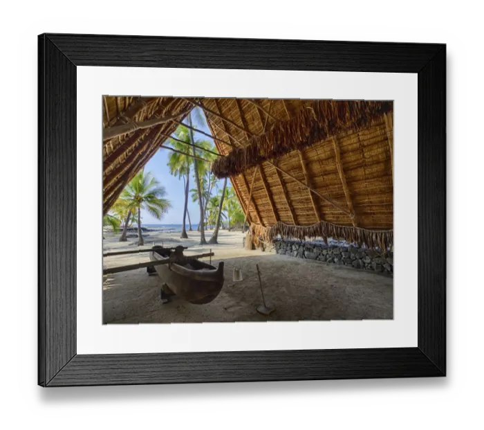 Framed Print : USA, Hawaii, Big Island. Canoe on display inside the Halau thatched A-frame structure Framed Print : USA, Hawaii, Big Island. Canoe on display inside the Halau thatched A-frame structure
