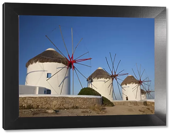 Greece, Mykonos, Windmills Along the Water