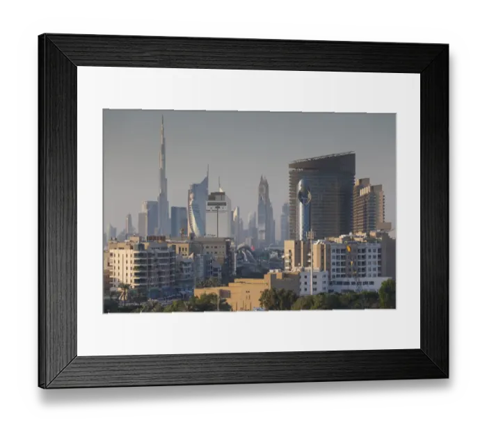 Framed Print : UAE, Dubai, Deira, view of downtown Dubai Skyscrapers from Dubai Creek, morning Framed Print : UAE, Dubai, Deira, view of downtown Dubai Skyscrapers from Dubai Creek, morning
