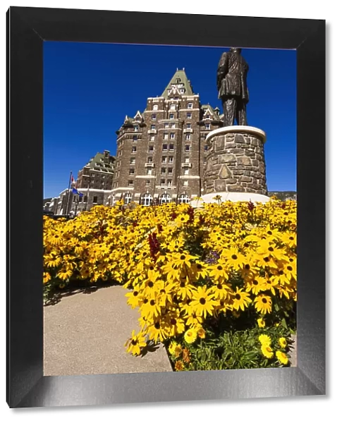 William C Van Horne statue and flowers at the Banff Springs Hotel, Banff National Park