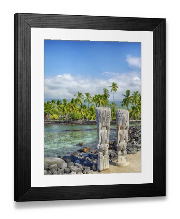 Framed Print : USA, Hawaii, Big Island. Palm trees and ancient tiki wooden carvings at the National Framed Print : USA, Hawaii, Big Island. Palm trees and ancient tiki wooden carvings at the National