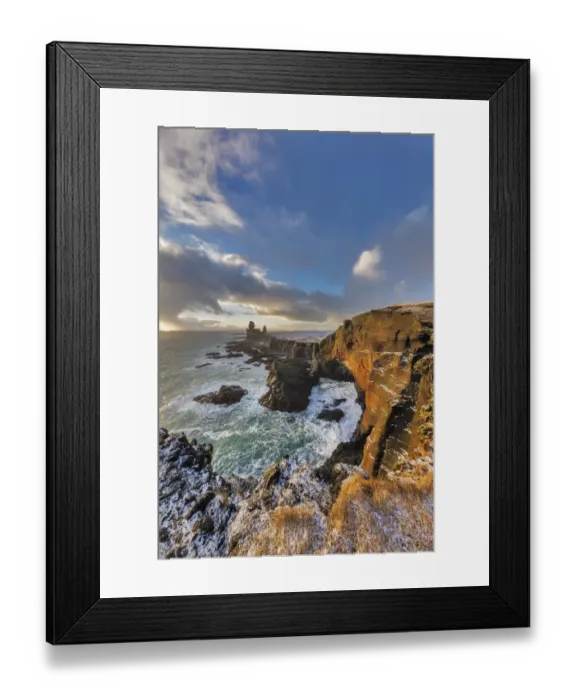 Framed Print : Dramatic cliffs at Londrangar sea stacks in the North Atlantic ocean on the Snaefellsnes Framed Print : Dramatic cliffs at Londrangar sea stacks in the North Atlantic ocean on the Snaefellsnes