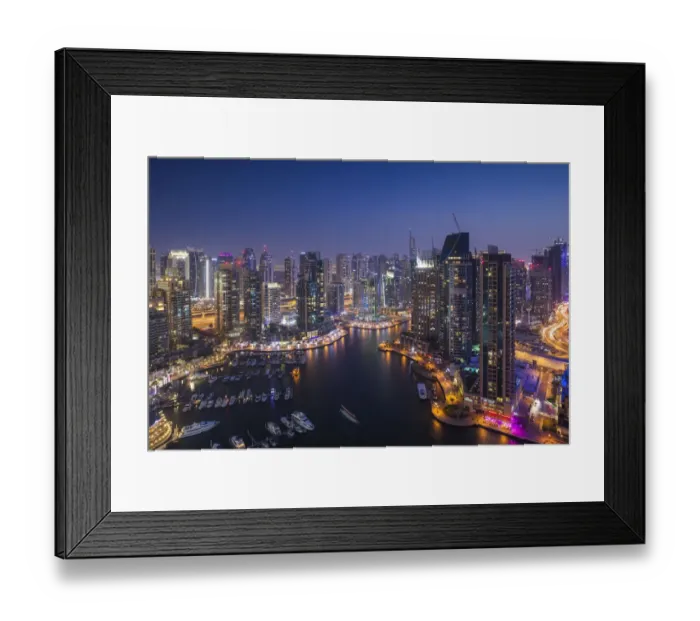 Framed Print : UAE, Dubai, Dubai Marina, elevated view of the marina, dusk
