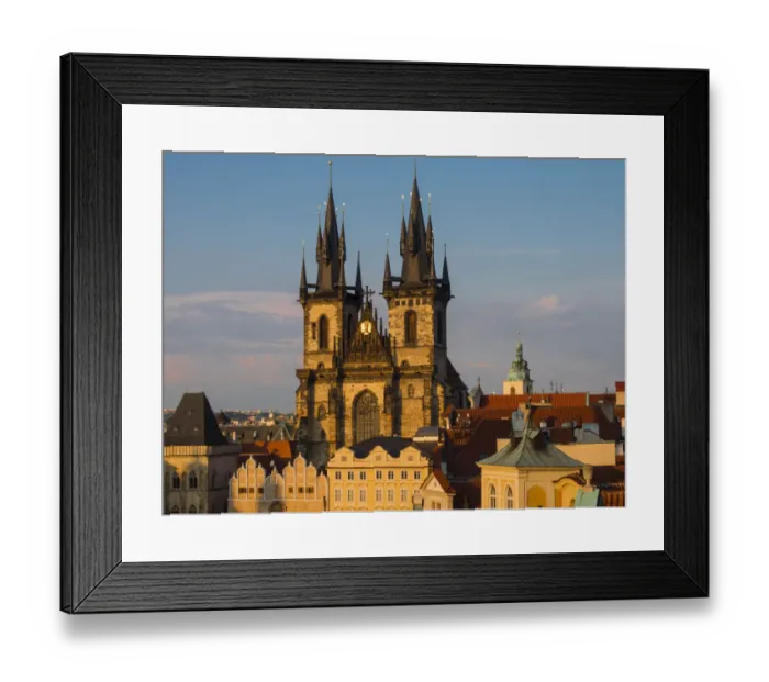 Framed Print : Europe, Czech Republic, Prague. Tyn Church, founded in 1385, dominates one side of
