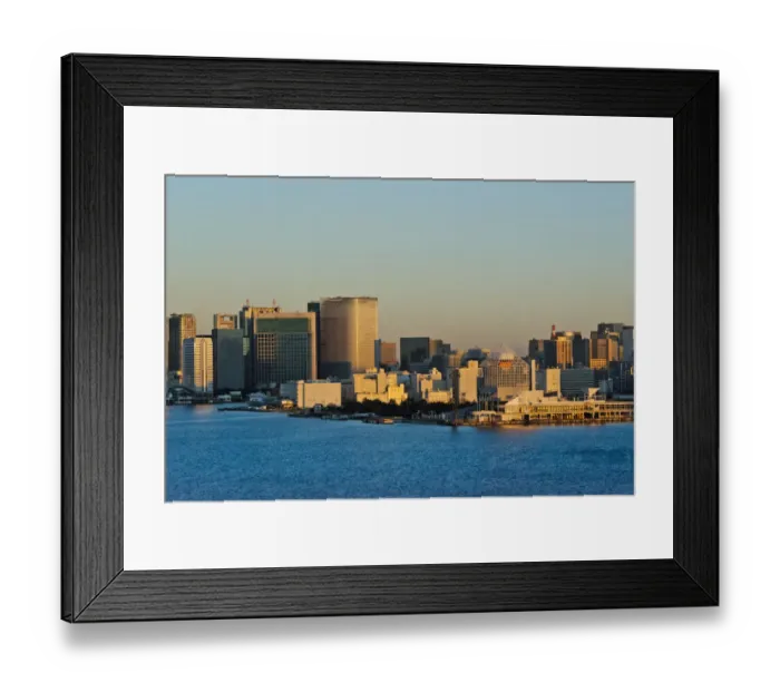 Framed Print : High rises along the waterfront in Tokyo Harbor at dawn, Tokyo, Japan