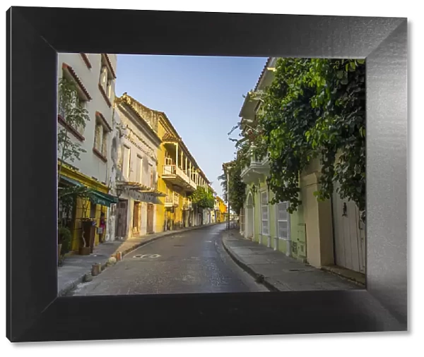 South America, Colombia, Cartagena, Charming residential street in historic Cartagena