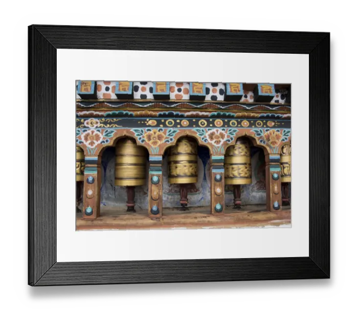 Framed Print : Bhutan, Paro, capital of Paro District aka Dzongkhag. Traditional prayer wheels