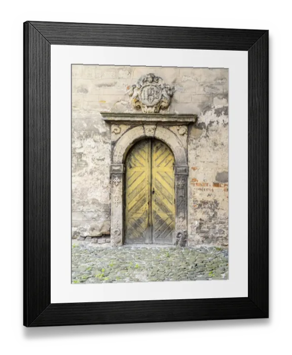 Framed Print : Europe, Czech Republic, Jicin. Doorway entrance to a church in the historic town