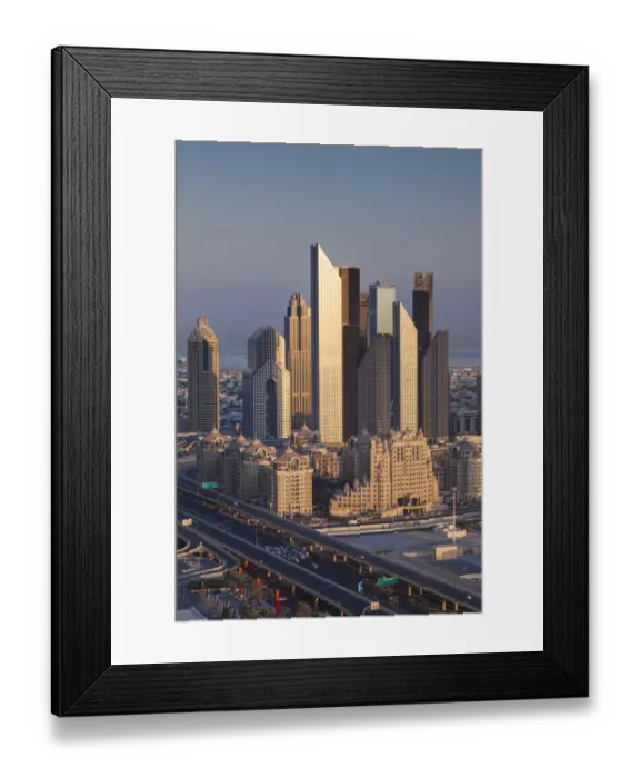 Framed Print : UAE, Dubai, Downtown Dubai, elevated view of skyscrapers on Sheikh Zayed Road from downtown Framed Print : UAE, Dubai, Downtown Dubai, elevated view of skyscrapers on Sheikh Zayed Road from downtown