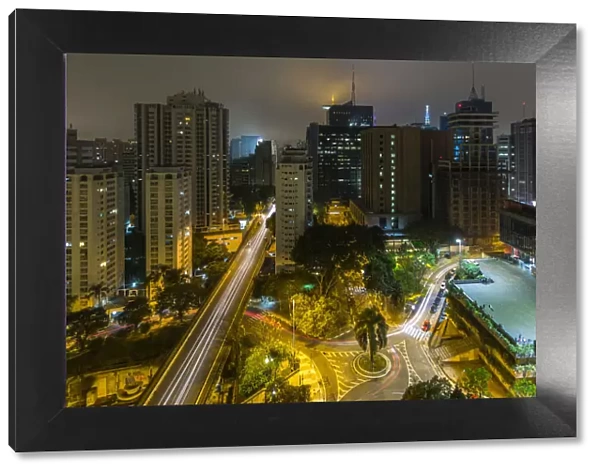 Long exposure night photography during a foggy night in downtown Sao Paulo, Brazil