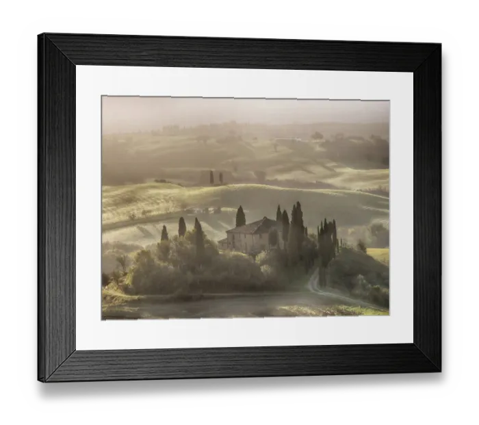 Framed Print : Europe; Italy; Tuscany; Morning light filters through the fog at Belvedere House Framed Print : Europe; Italy; Tuscany; Morning light filters through the fog at Belvedere House