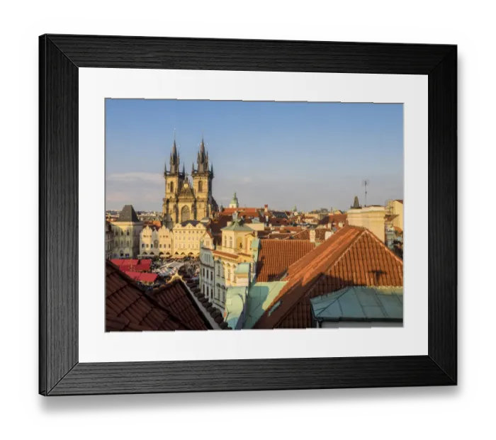 Framed Print : Europe, Czech Republic, Prague. Tyn Church, founded in 1385, dominates one side of