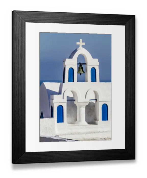 Framed Print : Oia, Greece. Greek Orthdox Church steeple, cross, bell, and blue arches against Aegean Framed Print : Oia, Greece. Greek Orthdox Church steeple, cross, bell, and blue arches against Aegean